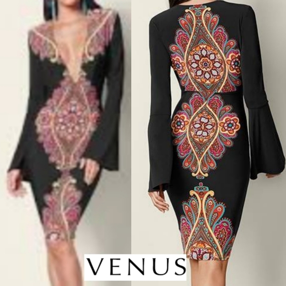 NEW VENUS PRINTED LOW V NECK BLACK SLINKY MIDI BODYCON DRESS - Picture 1 of 3